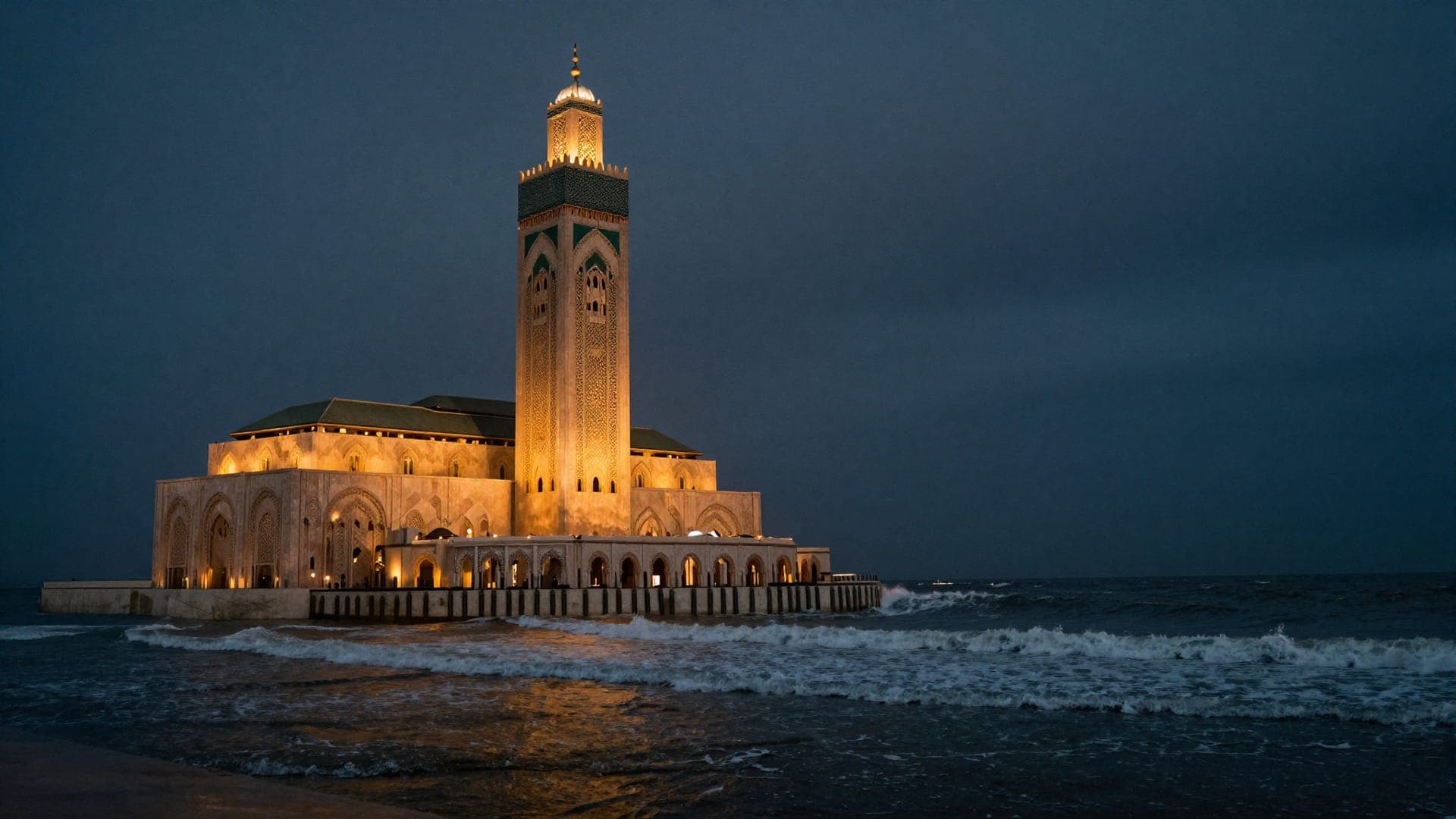 The Hassan II Mosque floodlit against a dark sky at dusk, Atlantic surf breaking along the sea wall beneath it.