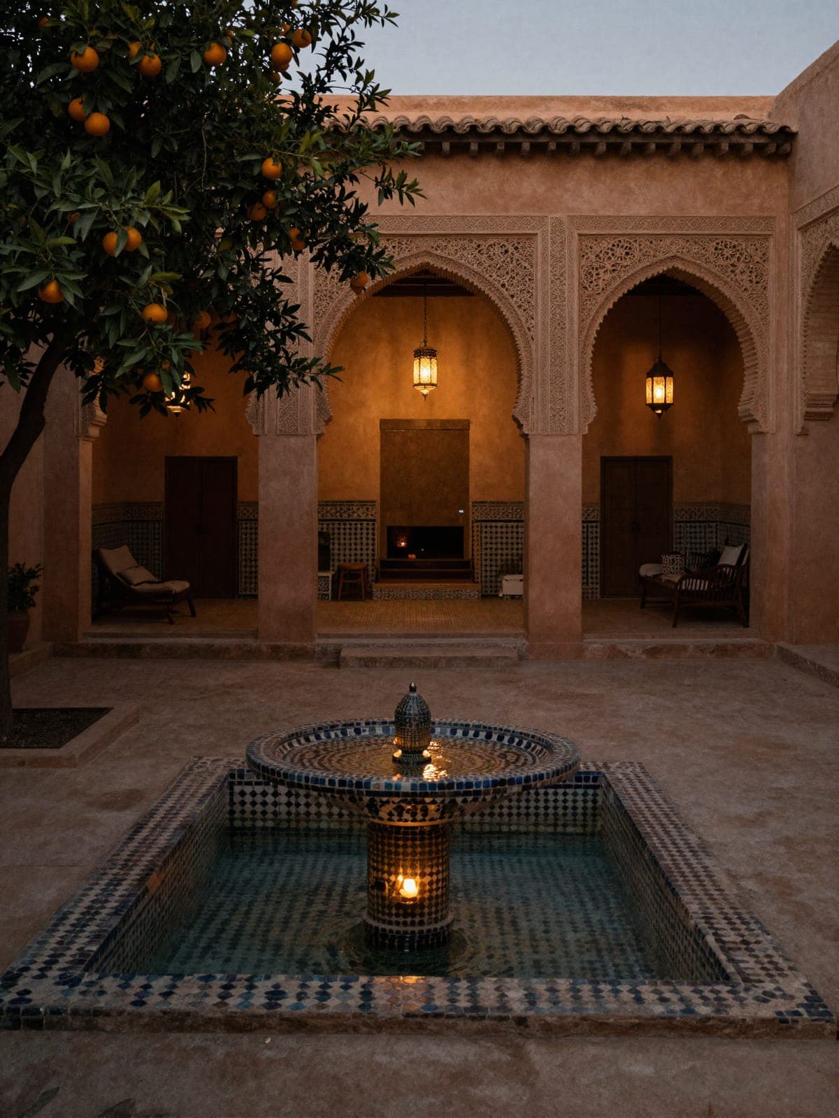 A riad courtyard at blue hour: a zellige-tiled fountain lit from within, lanterns burning under horseshoe arches, an orange tree in the foreground.
