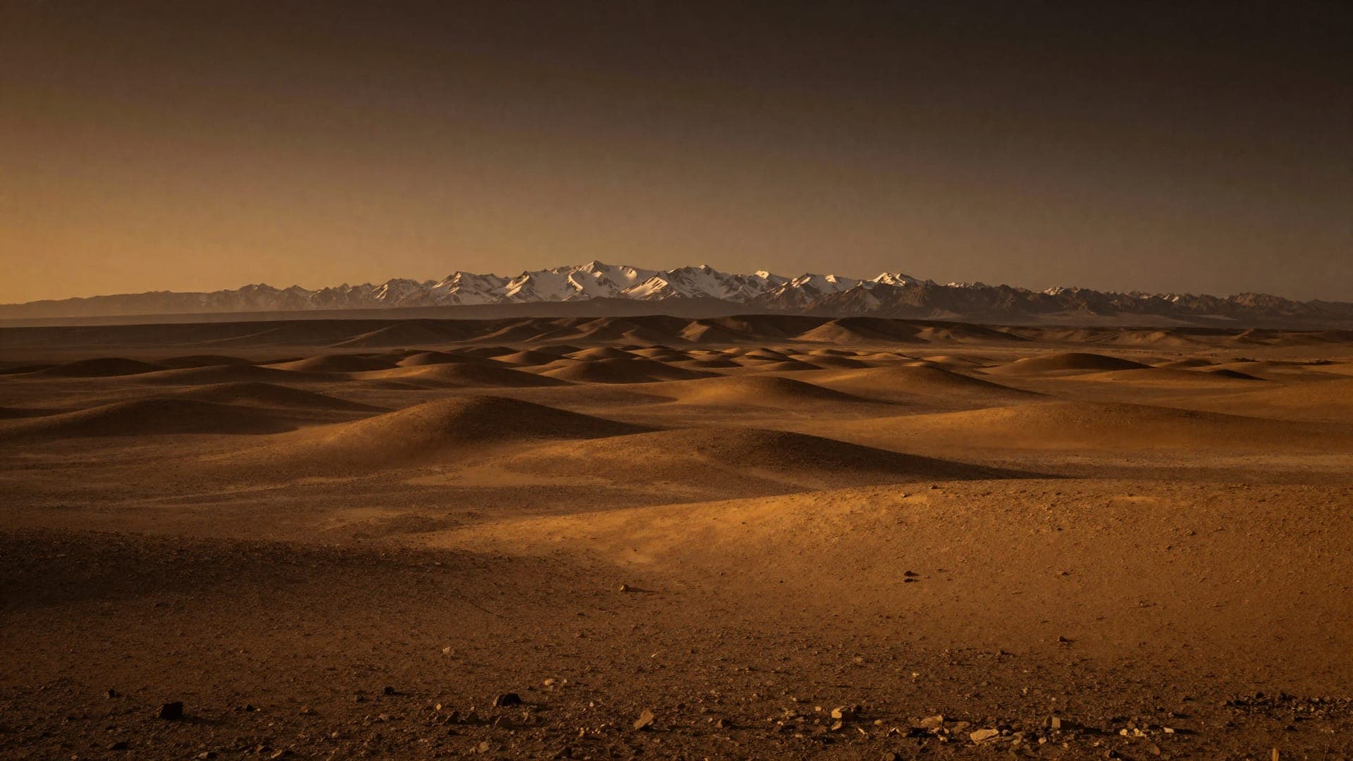 The stone desert of Agafay — low, dark, gravel-covered hills under raking light, with the snow-capped High Atlas along the far horizon.