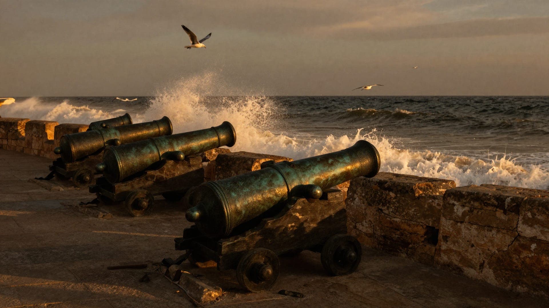 A row of green bronze cannons on stone gun carriages along a sea wall, a wave breaking over the parapet behind them and gulls turning in the spray.