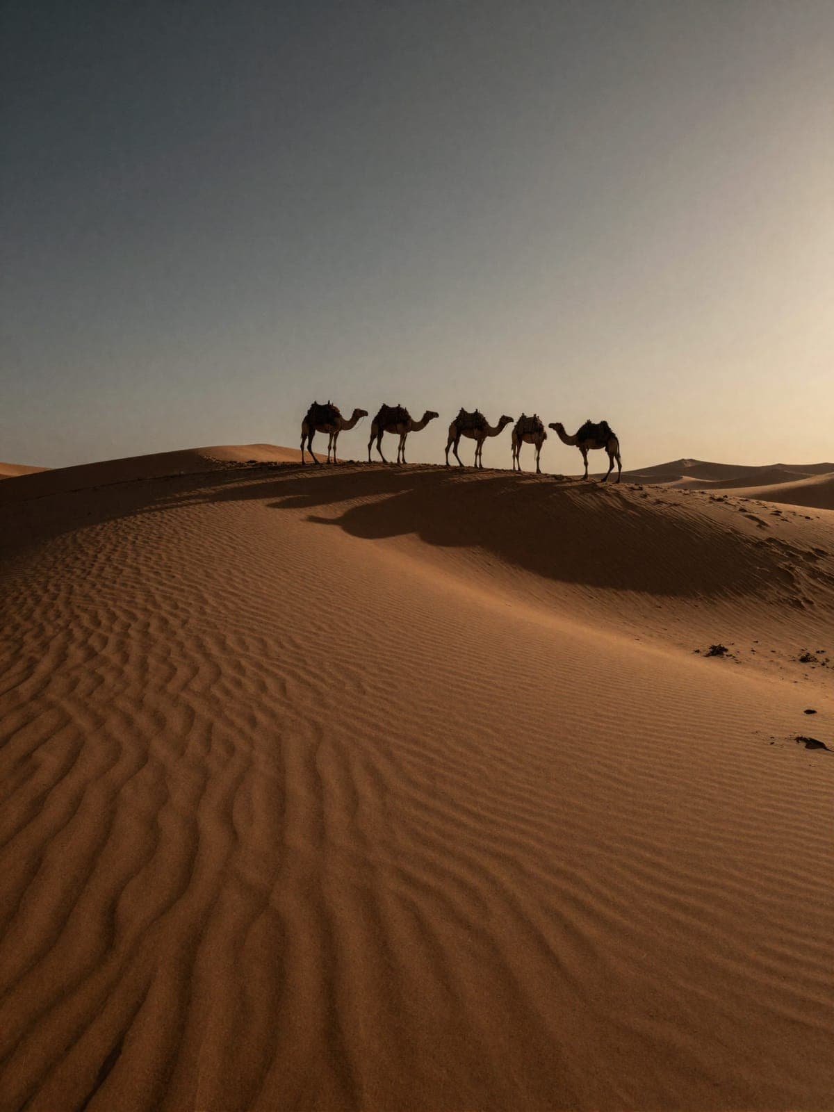 Five saddled camels silhouetted in a line along a dune ridge at sunset, their shadows thrown down the smooth face of the dune below.