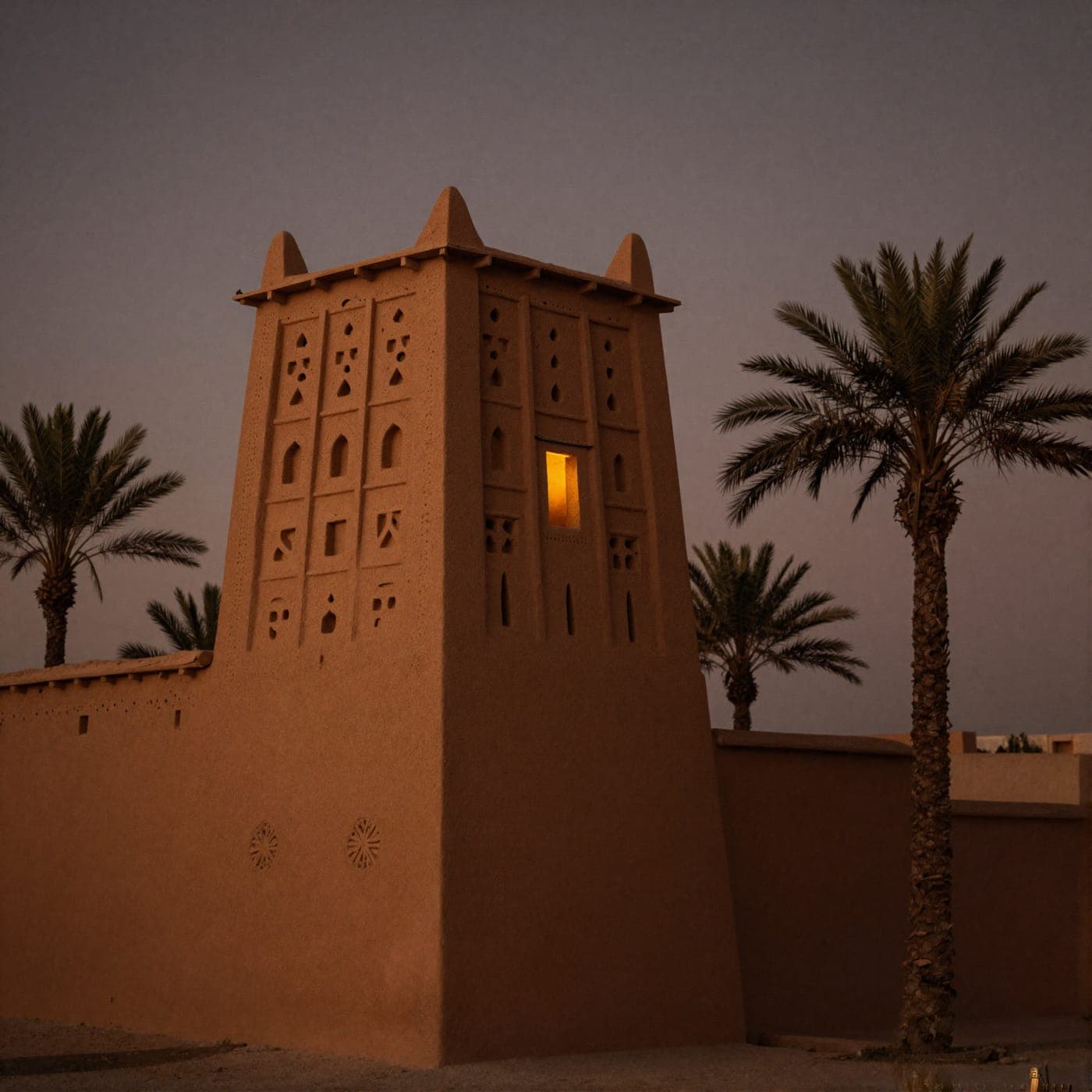 A tapering earth-built tower at dusk, its face covered in incised geometric panels, with one small window lit orange from inside and date palms on either side.