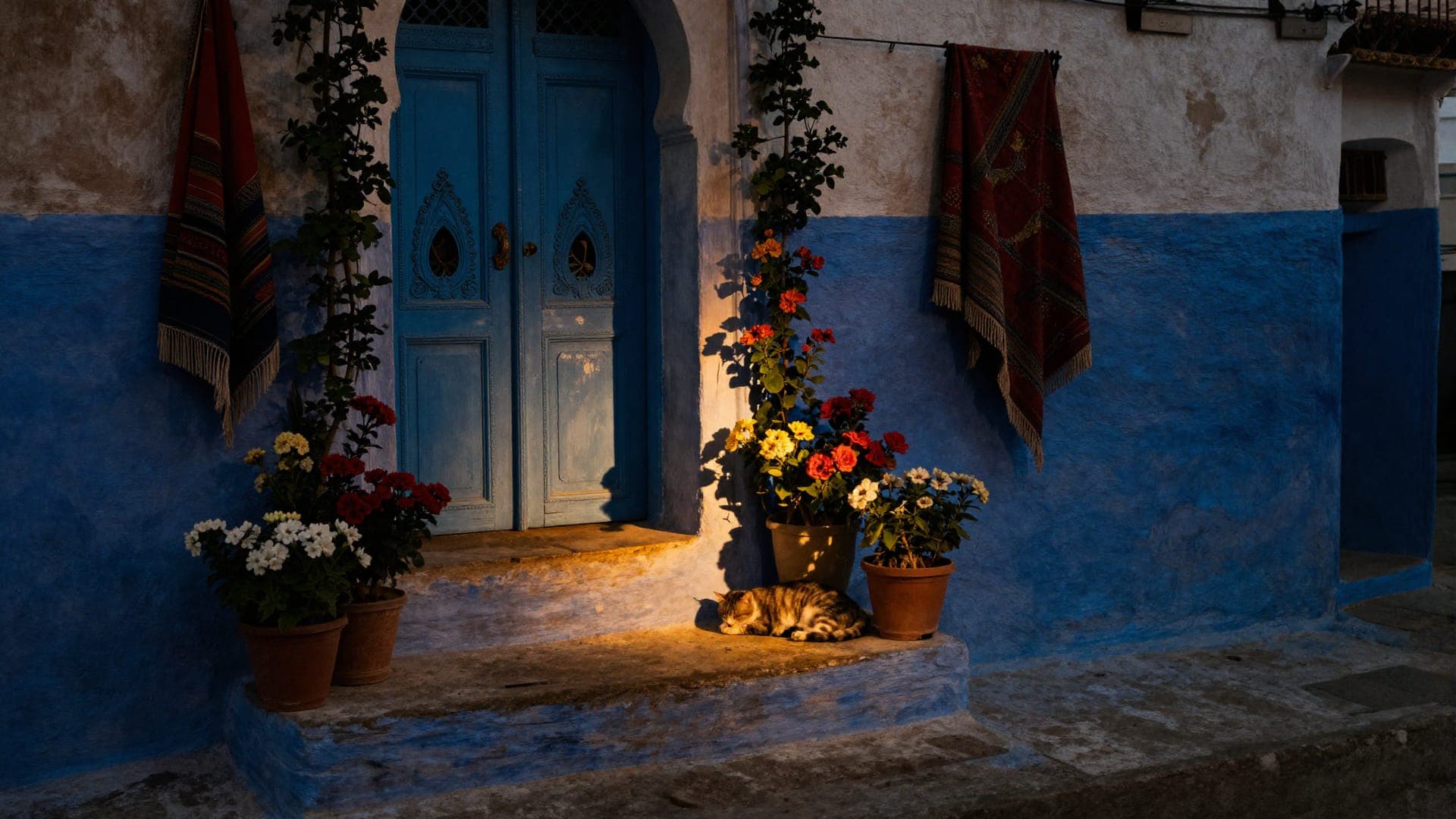 A carved blue door in a blue lime-washed wall in Chefchaouen, two woven rugs hung out to air on either side, pots of geraniums on the step, and a tabby cat asleep in the last patch of sun.