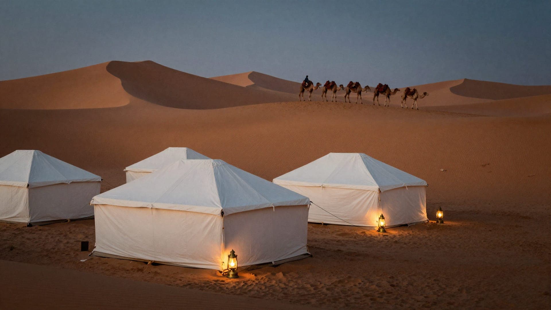 Three white canvas tents pitched at the foot of a dune at dusk, brass lanterns burning at their doors, and a camel train crossing the ridge above them.