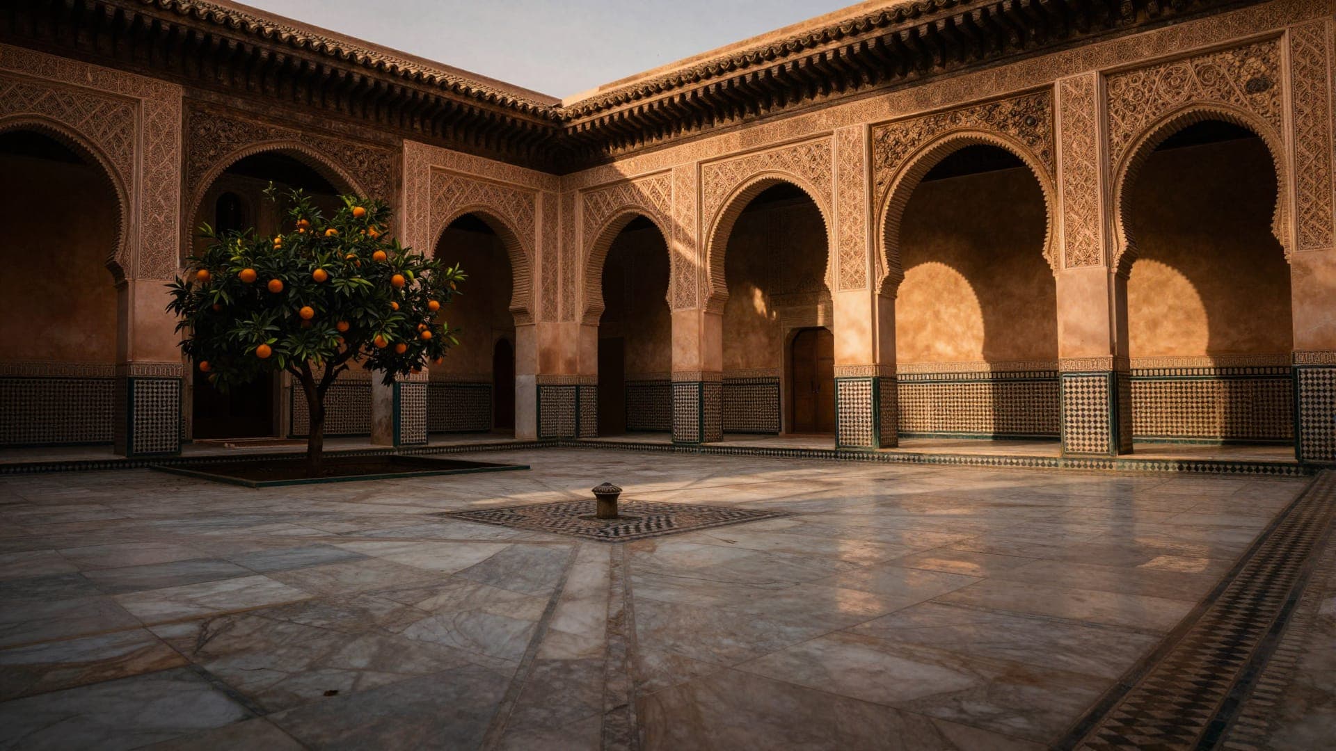 The marble courtyard of a madrasa in Marrakech at low sun — carved cedar and stucco arcades above a band of zellige, and a single orange tree in fruit standing in one corner.