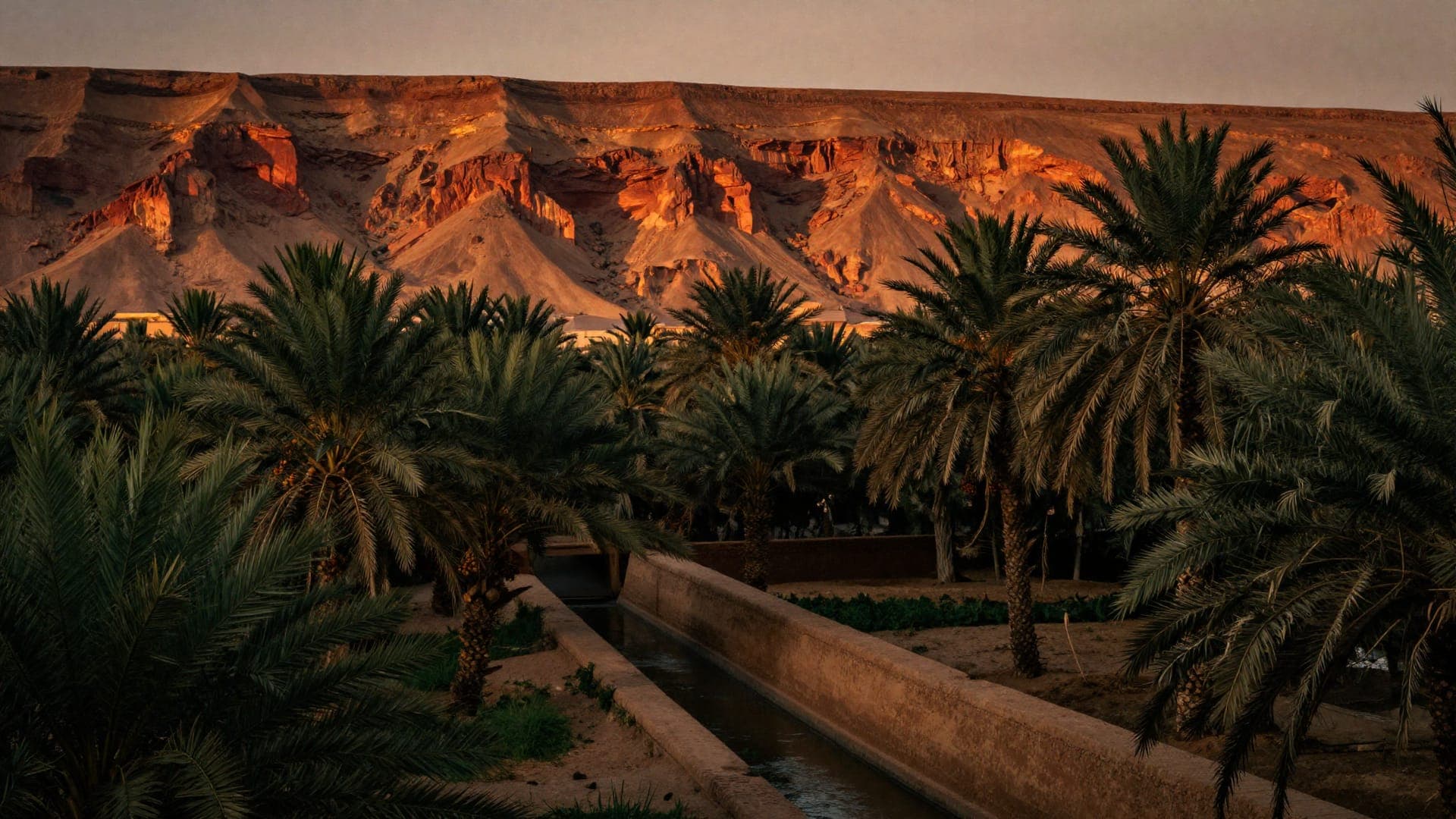 A date palmery in the Ziz valley at sunset, a concrete irrigation channel running through it, and a long red cliff face lit gold along the top.