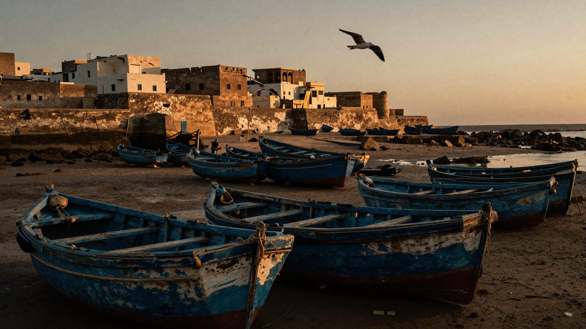A dozen blue-painted wooden fishing boats hauled up on wet sand at sunset, with the ochre sea walls and whitewashed houses of the old town behind and a gull overhead.
