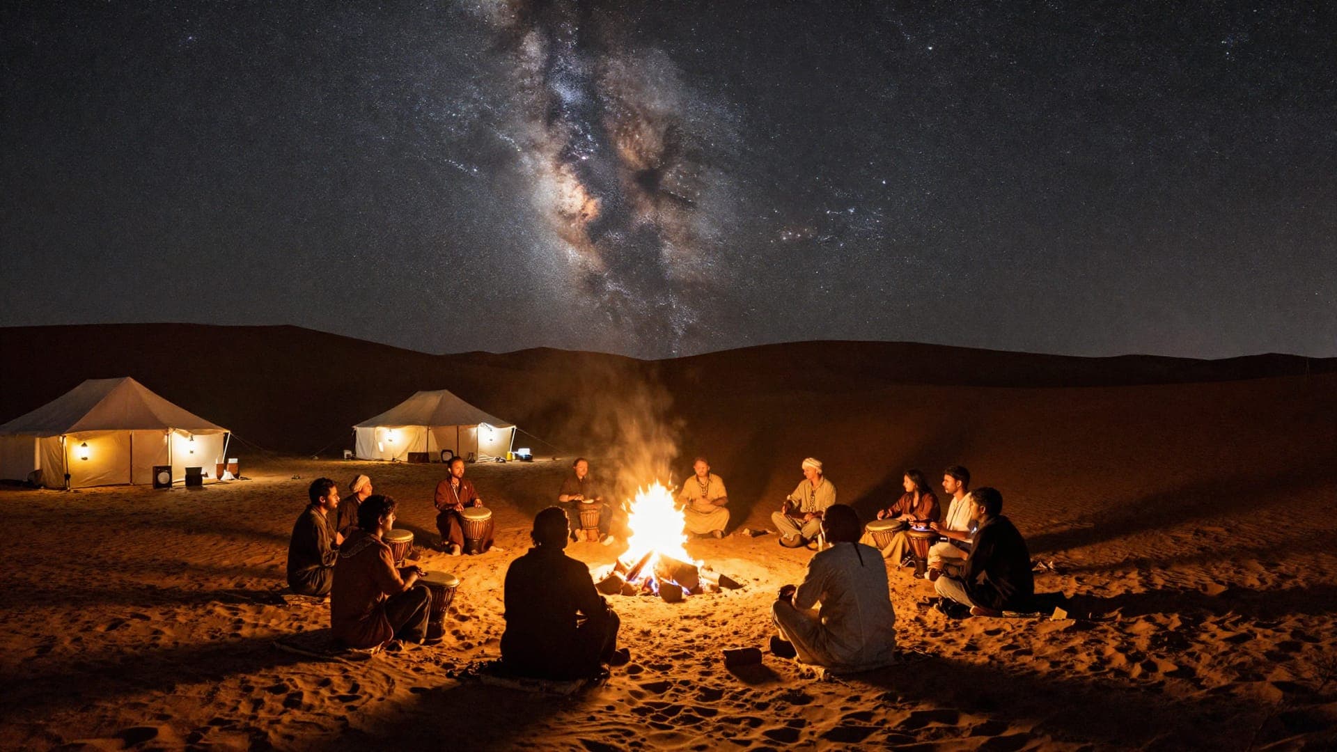 A dozen people sitting cross-legged around a fire on the sand with hand drums, canvas tents lit from within behind them, and the Milky Way arching overhead.