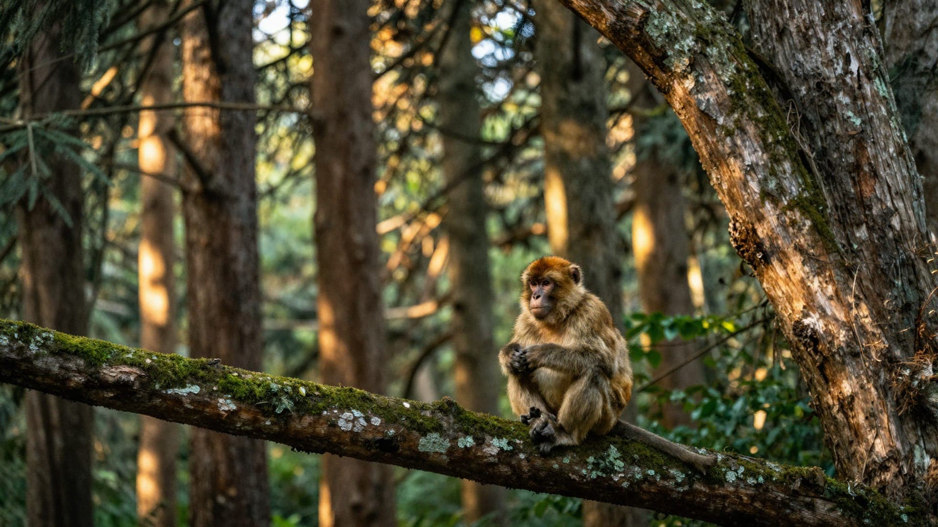 A Barbary macaque sitting on a moss-covered branch in a forest of tall Atlas cedars, sunlight coming through in shafts behind it.