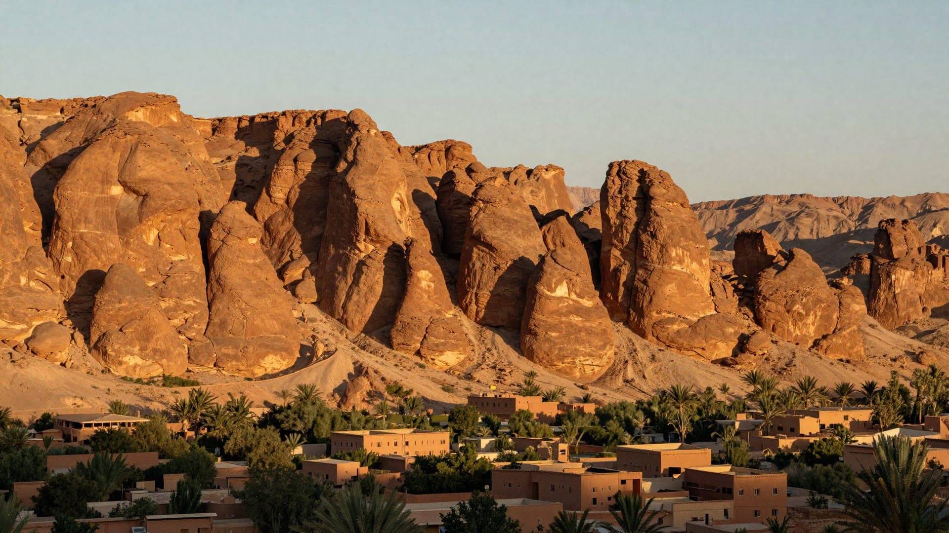 A wall of smooth, bulbous red sandstone formations rising directly above a green palm oasis and flat-roofed houses in the Dades valley, lit low and gold.