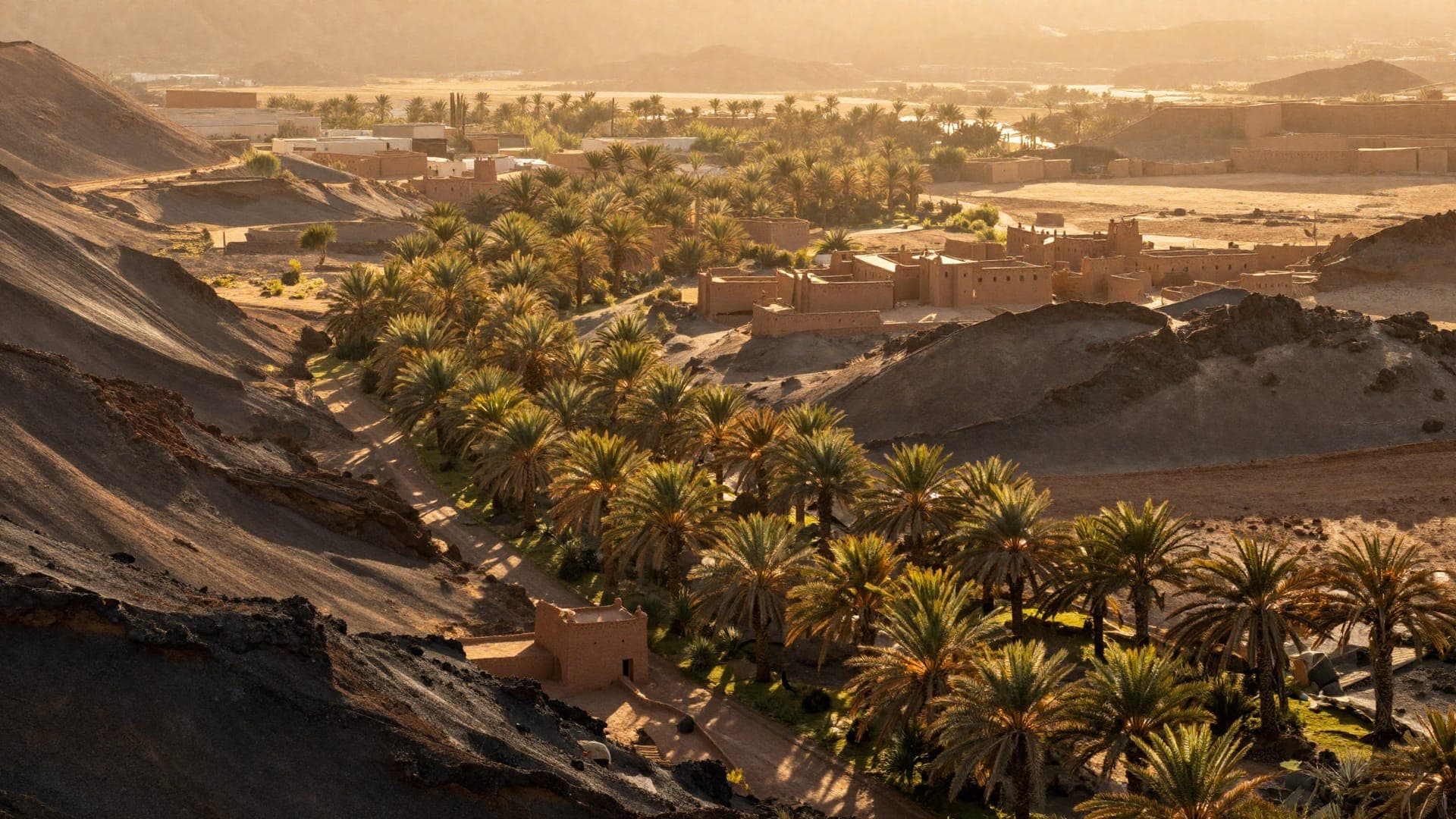 A green palmery threading between black volcanic hills, with kasbahs and flat-roofed villages along its edge and a hazy plain beyond.