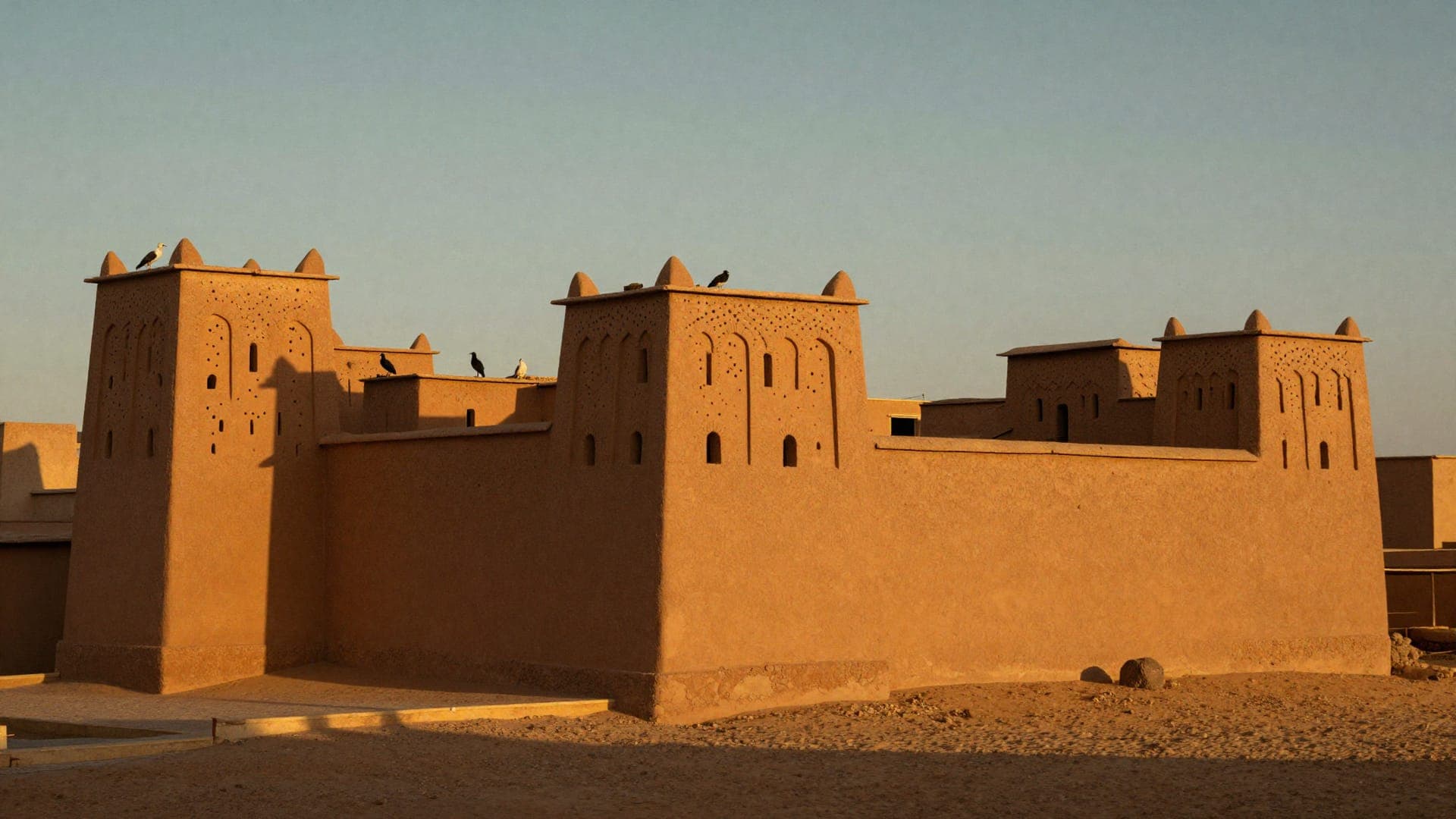The blank pisé walls and battered corner towers of a kasbah in full afternoon sun, incised with geometric brickwork, storks and pigeons on the parapets.