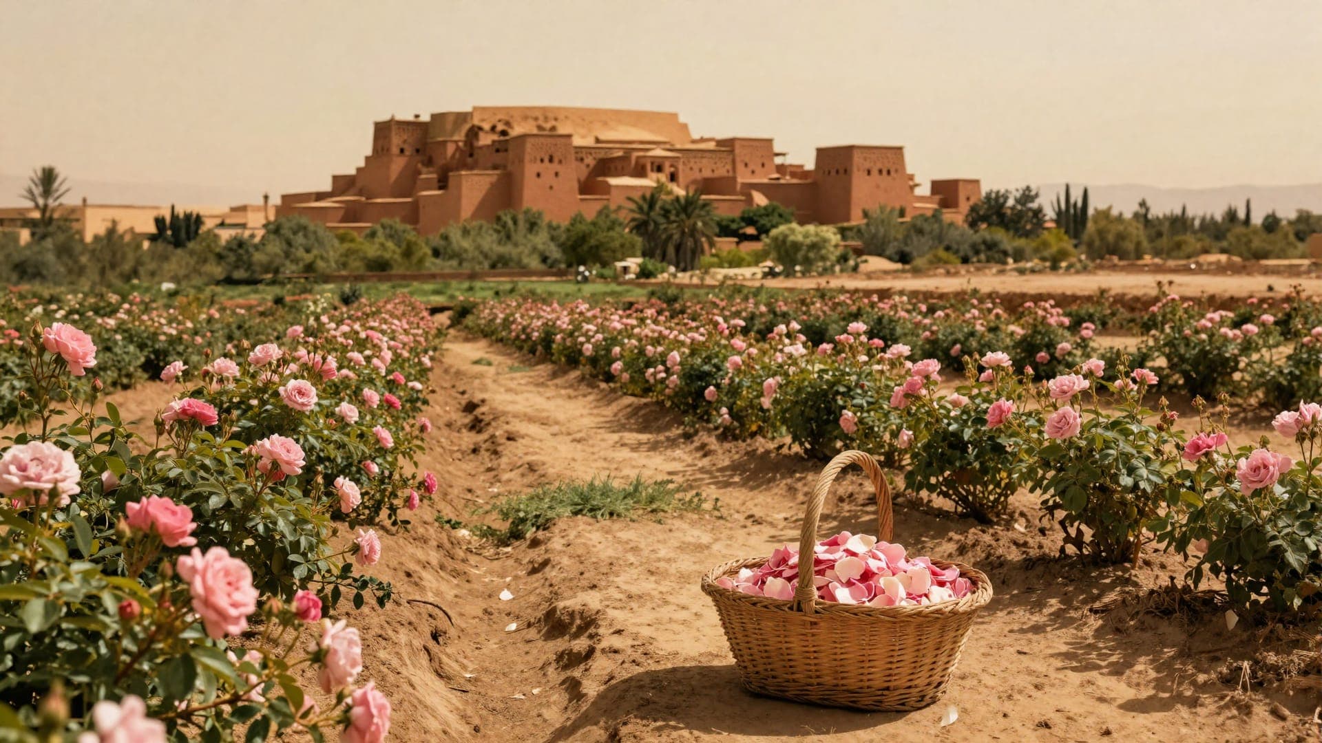 Rows of pink damask roses in flower in a field, a wicker basket of picked petals on the path between them, and the towers of an earth-built kasbah behind.