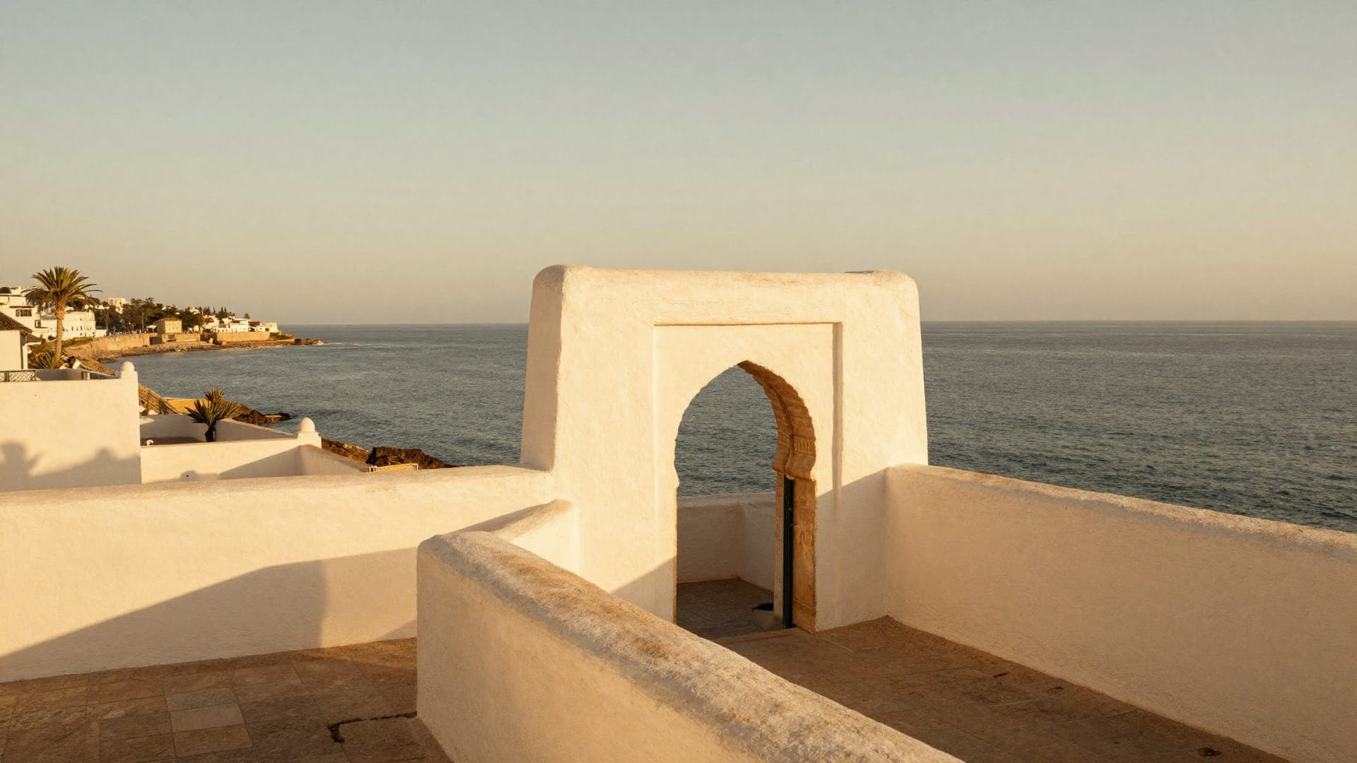 A whitewashed terrace above the Mediterranean with a keyhole archway framing the water, and a village of white houses along the headland to the left.